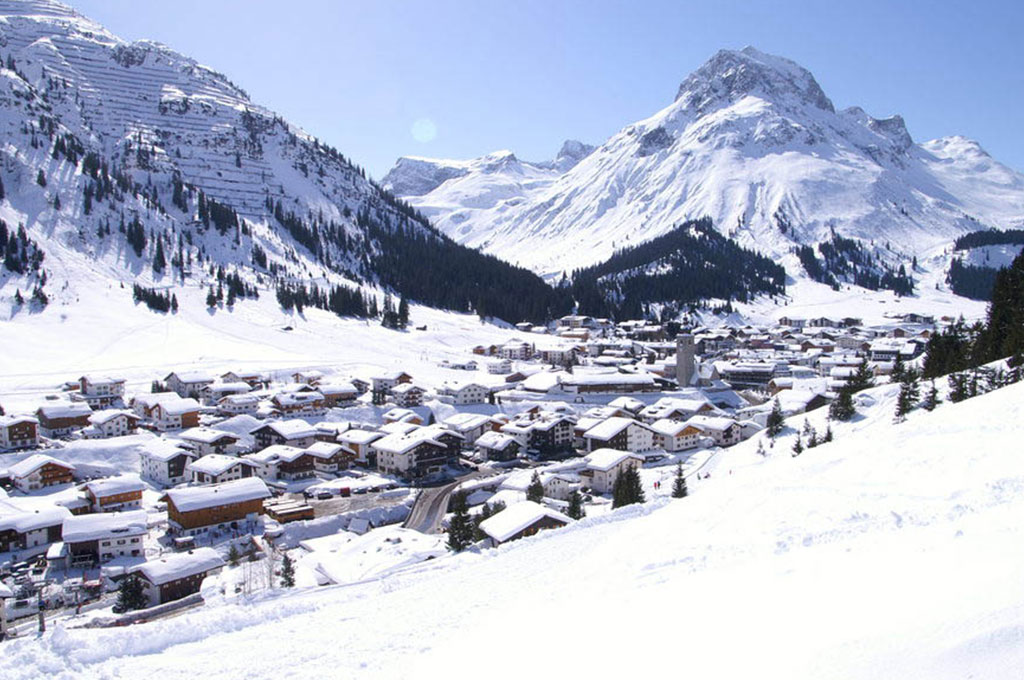 Snow covered mountain ski village in Lech am Arlberg, Austria