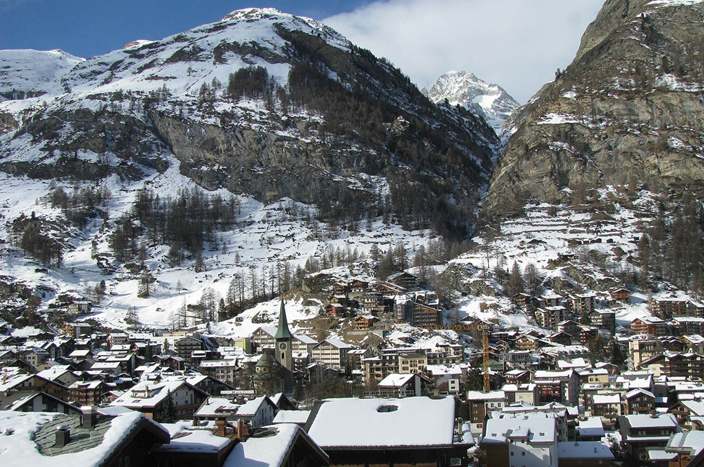 Snow covered mountain village in Zermatt, Switzerland
